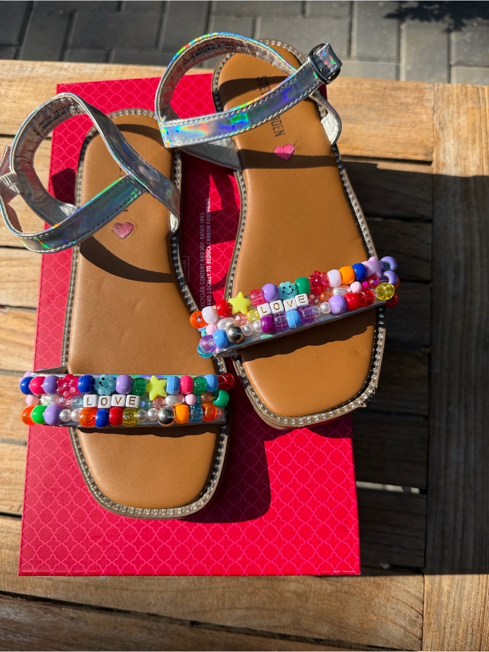 Steve Madden Girls' Holographic Beaded 'LOVE' Strappy Sandals - Multicolor